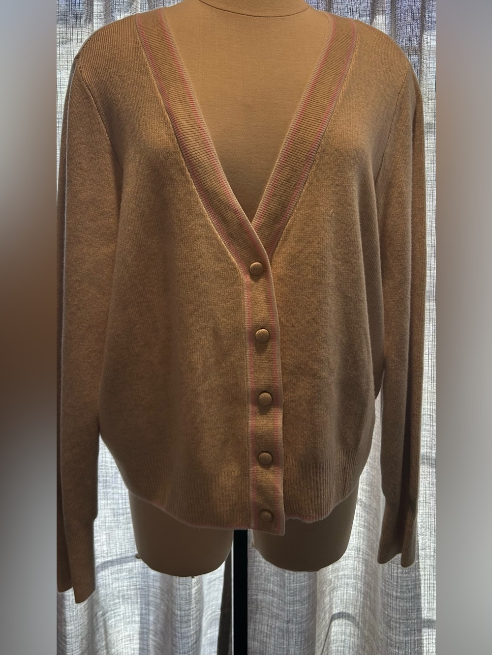 crown & ivy Camel Button-Front V-Neck Cardigan with Pink Trim